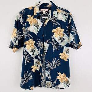 Paradise Blue Silk Floral Hawaiian Button Down Shirt Breezy Mens Size Large
